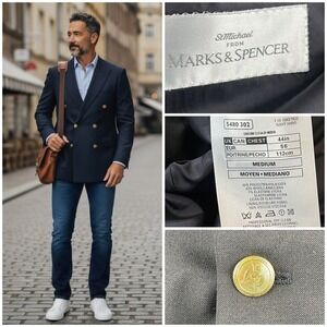 Marks Spencer St Michael Men's Navy Double Breasted Blazer Gold Buttons 44in